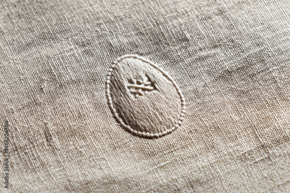 Poster raw linen fabric featuring delicate stitched egg icon embroidery in soft neutral tones generative ai
