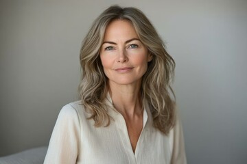 Portrait of a middle-aged woman with shoulder-length wavy blonde hair, wearing a cream-colored shirt.