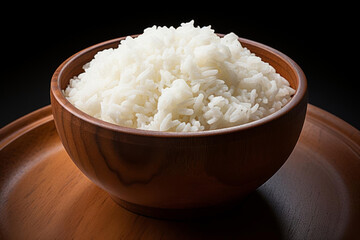 Freshly cooked white rice in wooden bowl, perfect for any meal