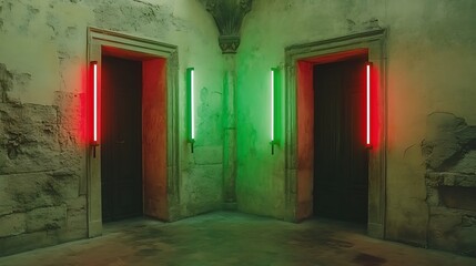 Fototapeta premium Two doors in a ruined corridor, neon lights