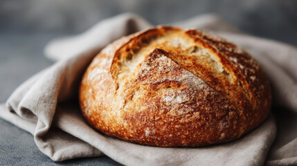 Naklejka premium Freshly baked bread on linen cloth, showcasing golden crust and rustic texture
