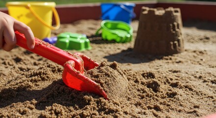 AI image of a child's hand with a red shovel digging in a sandpit, with colorful buckets and sandcastle nearby.