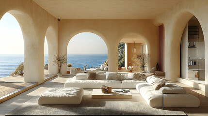 Elegant beige living room interior design with arch windows