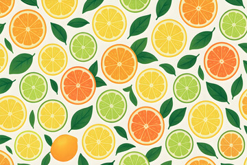Obraz premium Colorful citrus fruits pattern with green leaves.