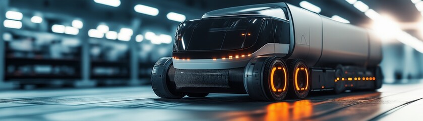 An autonomous self-driving truck drives through a warehouse.