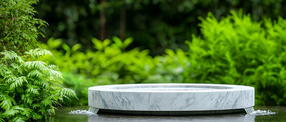 Elegant White Stone Basin Surrounded By Lush Green Plants