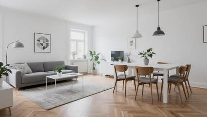 Scandinavian Style Living Room with Dining Area, Wooden Floor, Grey Sofa, Indoor Plants and Minimalist Decor