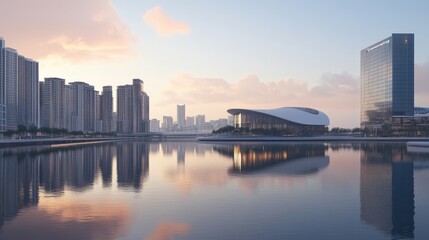Obraz premium Serene cityscape reflection on calm waters during twilight paints a modern urban skyline against soft pastel sky highlighting architecture