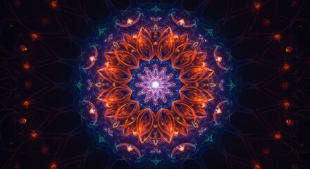 Fototapeta premium AI image of a captivating fractal mandala with a glowing center, featuring intricate orange and blue patterns on a dark background.