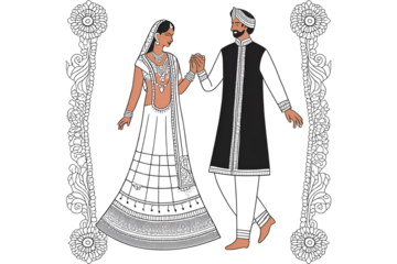 Indian Bride and Groom Dancing Line Art Illustration