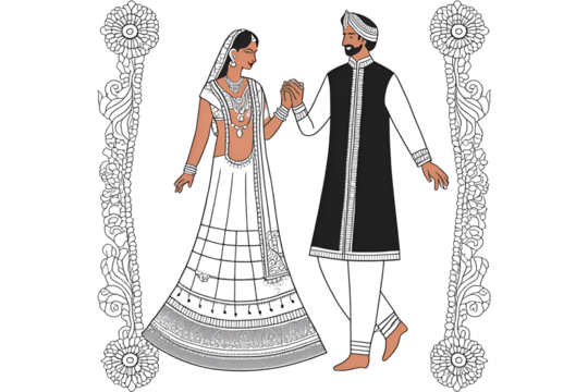 Indian Bride and Groom Dancing Line Art Illustration - Powered by Adobe