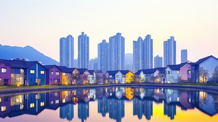Fototapeta premium Scenic waterside neighborhood panorama reflecting contemporary architecture against a tranquil sky background highlighting urban riverside living