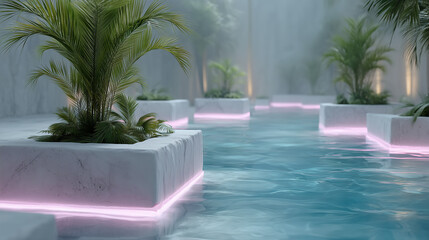 Tranquil Oasis: A minimalist indoor pool, adorned with modern white planters and lush foliage, offering a serene escape from the hustle and bustle.