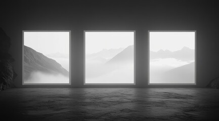 Fototapeta premium Empty room with three windows showcasing a mountainous landscape shrouded in mist. Gray concrete floor and white walls create a minimalist aesthetic