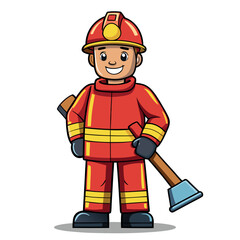 Cheerful young firefighter in full gear smiles, holding axe over shoulder while standing