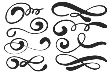 Swoosh vector lines. Hand-drawn squiggle strokes. Swirl swish and swash elements. Calligraphic curly scribbles. Wavy elegant decorative shapes. Graphic scrolls
