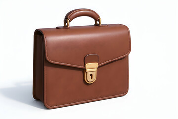 Stylish brown leather briefcase on white background.
