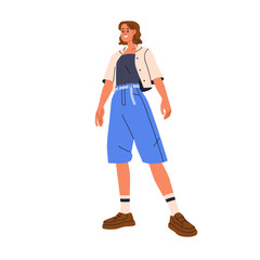 Woman in casual style outfit, modern urban clothing. Young female standing, smiling, wearing socks and shoes, shorts, shirt, comfortable apparel. Flat vector illustration isolated on white background
