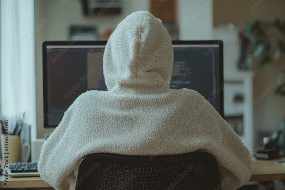Fototapete a person wearing a hoodie sits at a desk working on a computer, focused on coding.