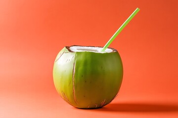 Fresh young coconut drink with straw