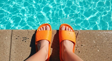 AI image of a person's feet wearing bright orange slide sandals at the edge of a sparkling blue swimming pool.