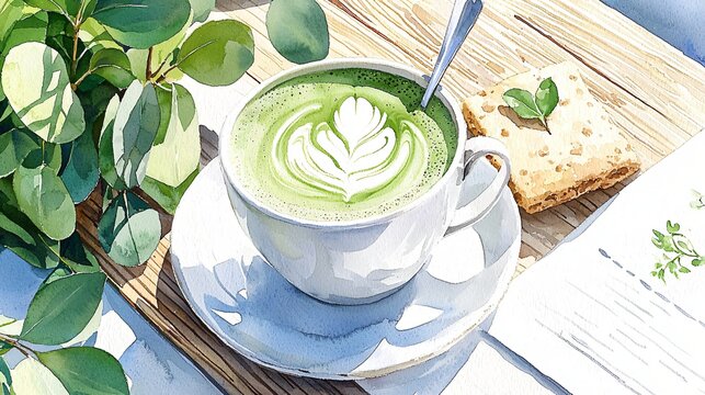 Cup of matcha latte in watercolor with cookie on the side, pale green and warm tones, open background and visible paper grain for calm, balanced layout