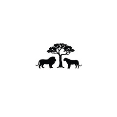Lion and Tree Silhouette on white background