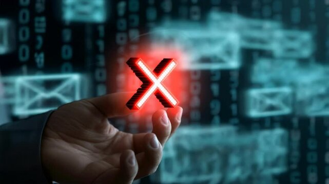 Businessman hand holding a red X in front of a bunch of blue emails icon, stop email distraction and unsubscribe concept