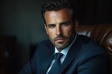 A charismatic man in a dark blue suit, exuding confidence and sophistication.