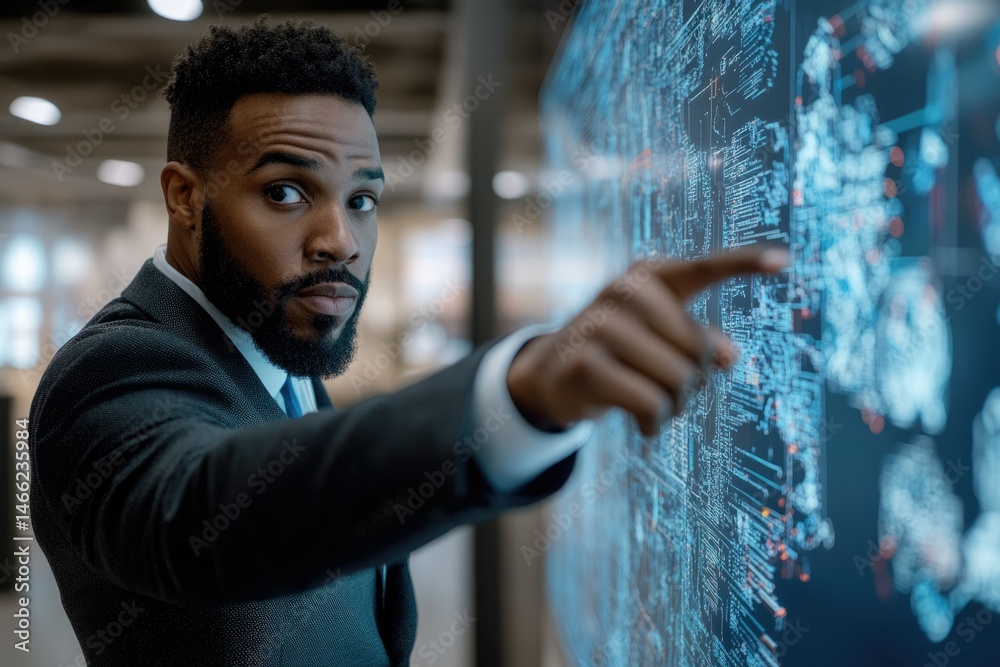 Leinwandbilder a businessman interacts with a large digital screen, analyzing complex data and information.