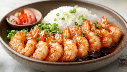 Fototapeta premium Honey Garlic Shrimp Rice Bowl.