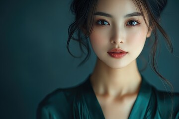Naklejka premium Close-up portrait of a young woman with dark hair and captivating eyes, wearing a teal silk robe.