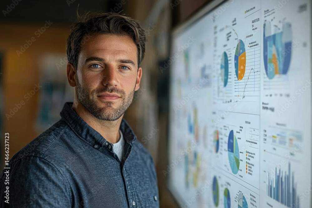 Poster confident businessman standing near a whiteboard filled with charts and graphs, showcasing business 