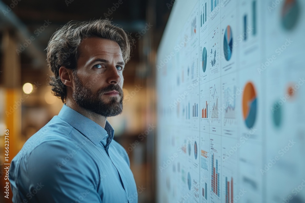 Poster A man thoughtfully examines a wall of charts and graphs, contemplating data analysis and business strategy.