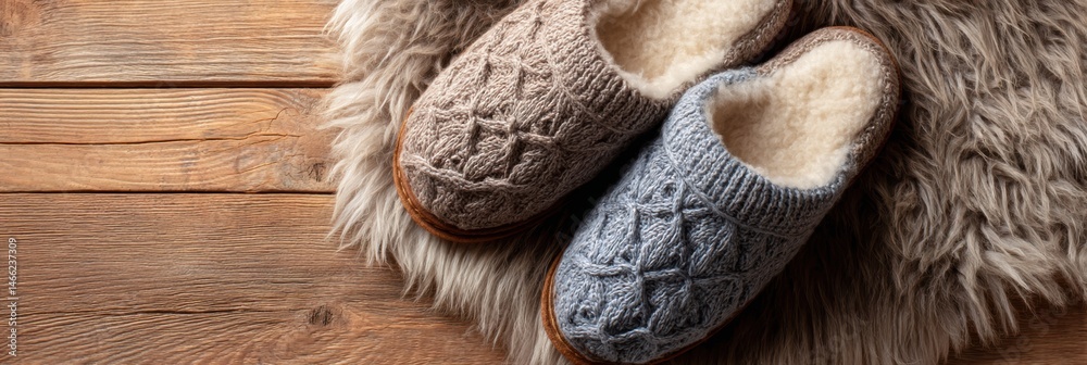 Poster Cozy Warm Slippers Resting on a Soft Wool Rug in a Bright and Inviting Indoor Space Generative AI