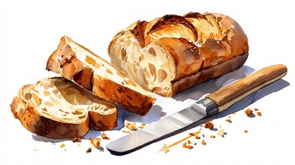 Watercolor composition of a rustic bread loaf with crumbs and butter knife, artistic brushwork and clean background margins for layout flexibility
