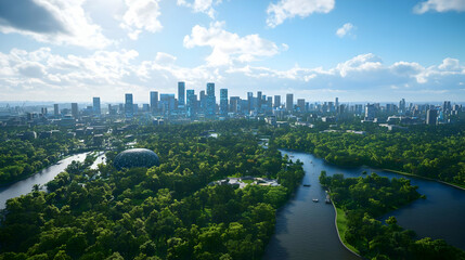 Obraz premium Aerial View Of Futuristic City Integrated With Lush Green Spaces