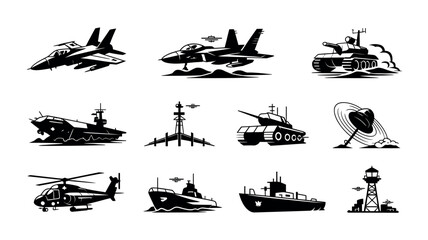Military Vehicles Icons Jet Tank Ship Helicopter Submarine Radar Art