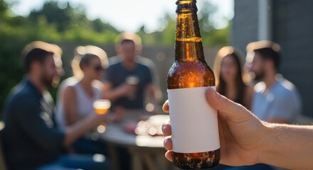AI image of a hand holding a brown beer bottle with a blank label, perfect for mockup, at an outdoor gathering.
