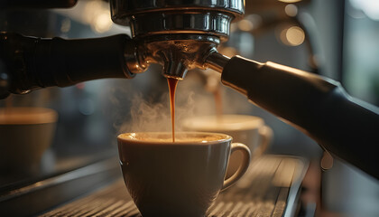 Coffee Machine Pouring Coffee into Glass Cup, Fresh Coffee Brew.