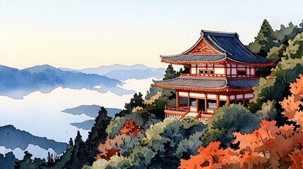 Obraz premium Asian temple in watercolor, minimalist architecture and natural tones, light fog in background and open space above for text, textured brush patterns