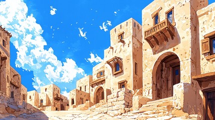 Desert adobe-style architecture rendered in warm-toned watercolor, visible brush texture and sandy hues, blank sky space preserved, minimalist and elegant