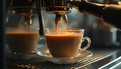 Coffee espressoro machine with cups. Two cups of freshly brewed coffee being into an espresso machine.