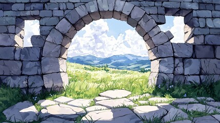 Medieval castle ruins in soft gray watercolor, gentle layering of stone details and faded sky, empty grass field in front provides spacious design area