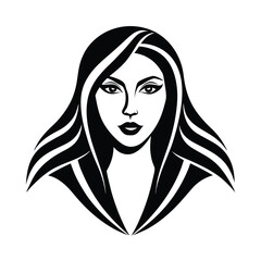 Elegant woman portrait in black and white vector illustration depicting beauty and femininity with long flowing hair