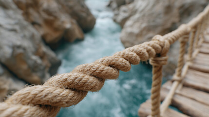 Rope Bridge Over River: A captivating perspective of a sturdy rope bridge, offering a stunning vista of a fast-flowing river as it carves its way through rugged canyons.