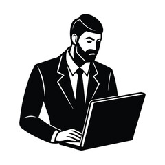 Businessman in suit working on laptop black and white illustration of a professional individual using technology