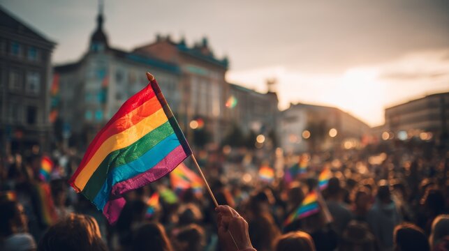Vibrant gay pride festival celebrating lgbtq  community with colorful flags in city square