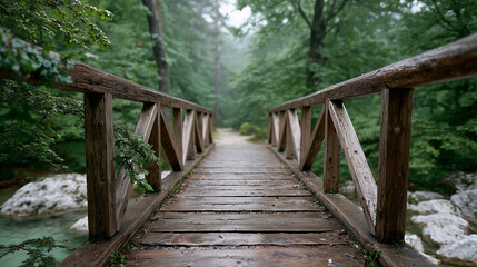 Wooden Bridge Path: A serene wooden bridge spans a clear river within a lush forest, inviting viewers to embark on a journey into the heart of nature, enveloped by the serene, quiet atmosphere.