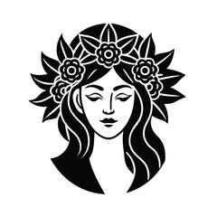 Elegant black and white illustration of a woman adorned with a floral wreath depicting serenity and beauty